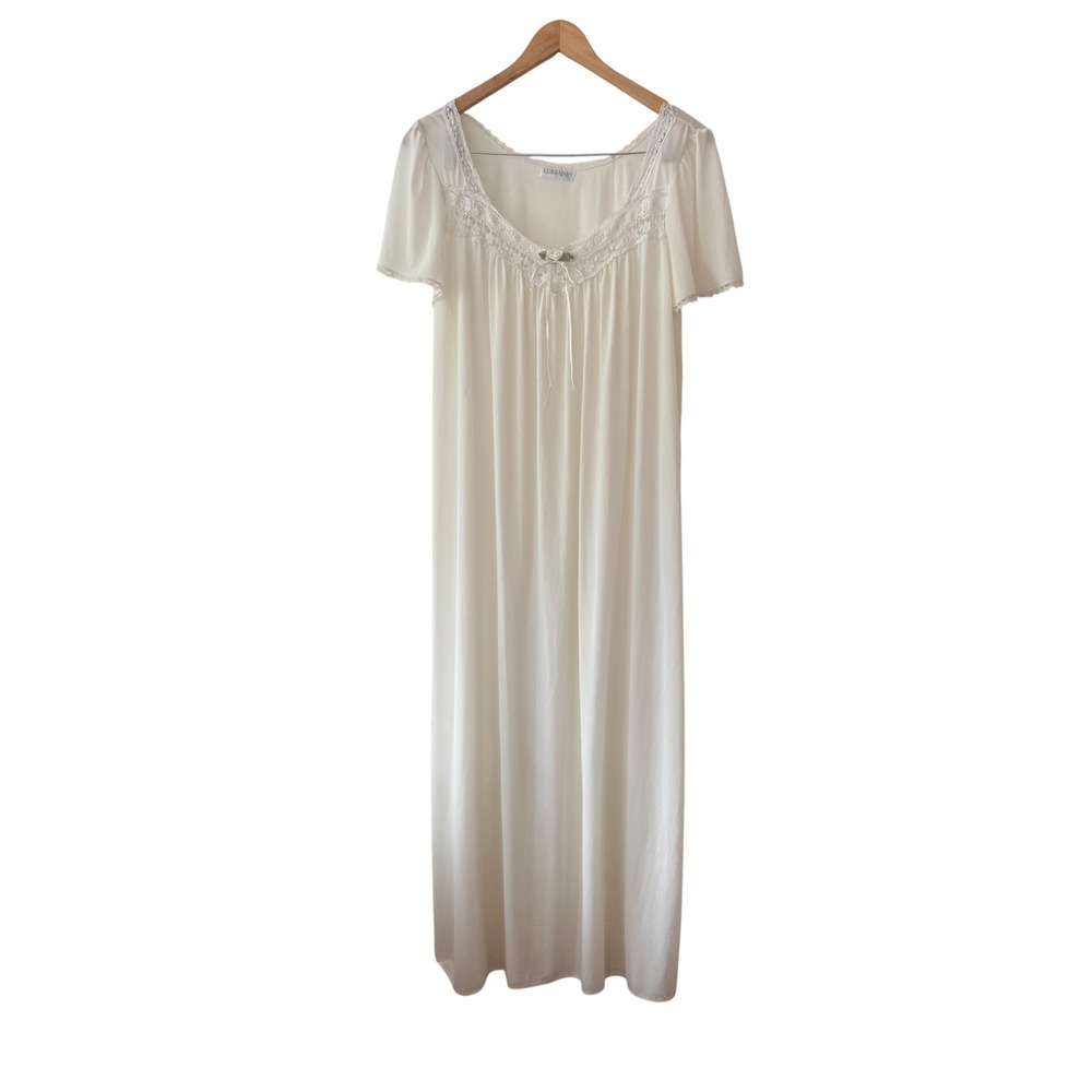 Vintage Lorraine Ivory Lace Trim Maxi Nightgown Short Sleeve Rosette Bow XL